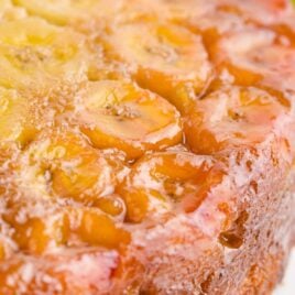 close up shot of a Banana Upside-Down Cake on a cake stand