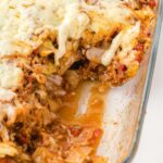 close up shot of Cabbage Roll Casserole in a clear casserole dish