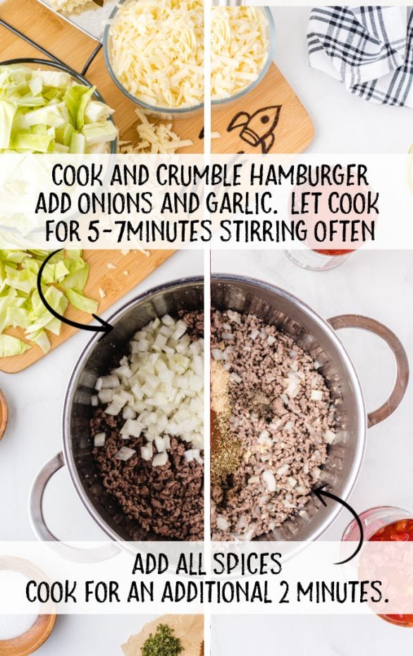 cabbage roll casserole steps of meat mixture in a silver pot