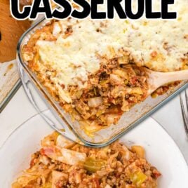 close up overhead shot of Cabbage Roll Casserole in a clear casserole dish with a wooden spoon and close up overhead shot of a plate of Cabbage Roll Casserole