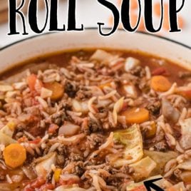 cabbage roll soup in a dutch oven with text overlay