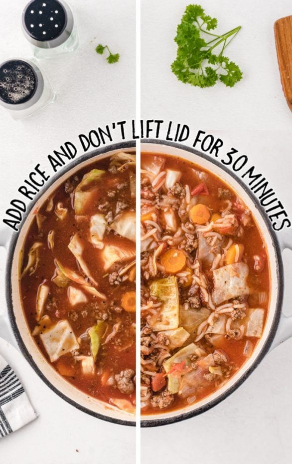 side by side images of cabbage roll soup in a dutch oven being prepared