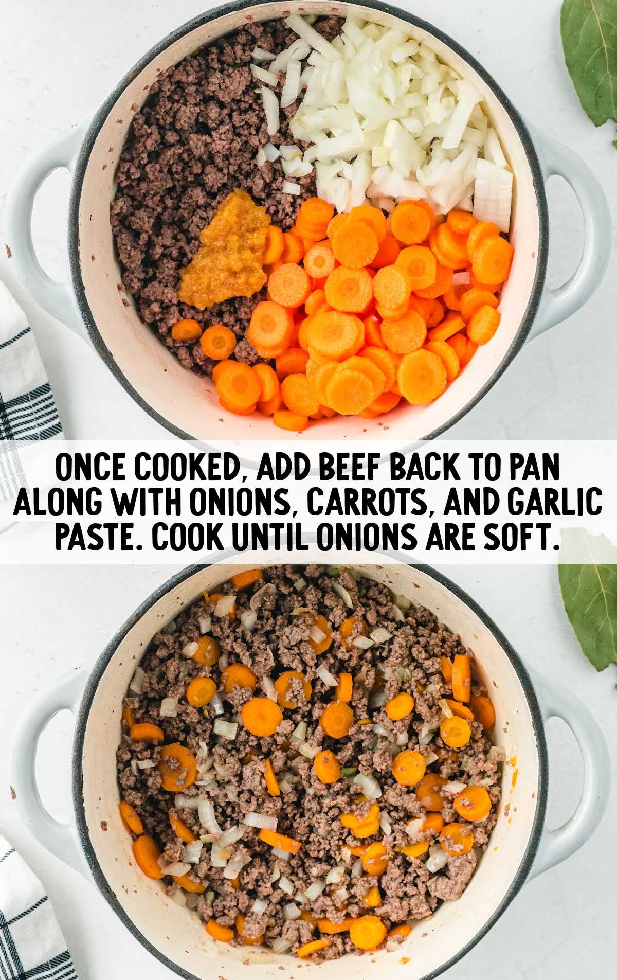 Step showing ground beef, chopped onions, sliced carrots, and garlic paste added to pot for cabbage roll soup