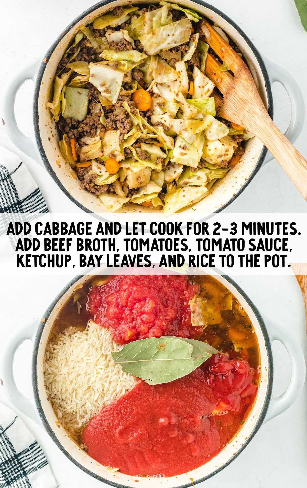 Step showing cabbage and additional ingredients like rice, tomatoes, and bay leaf added to soup base in pot