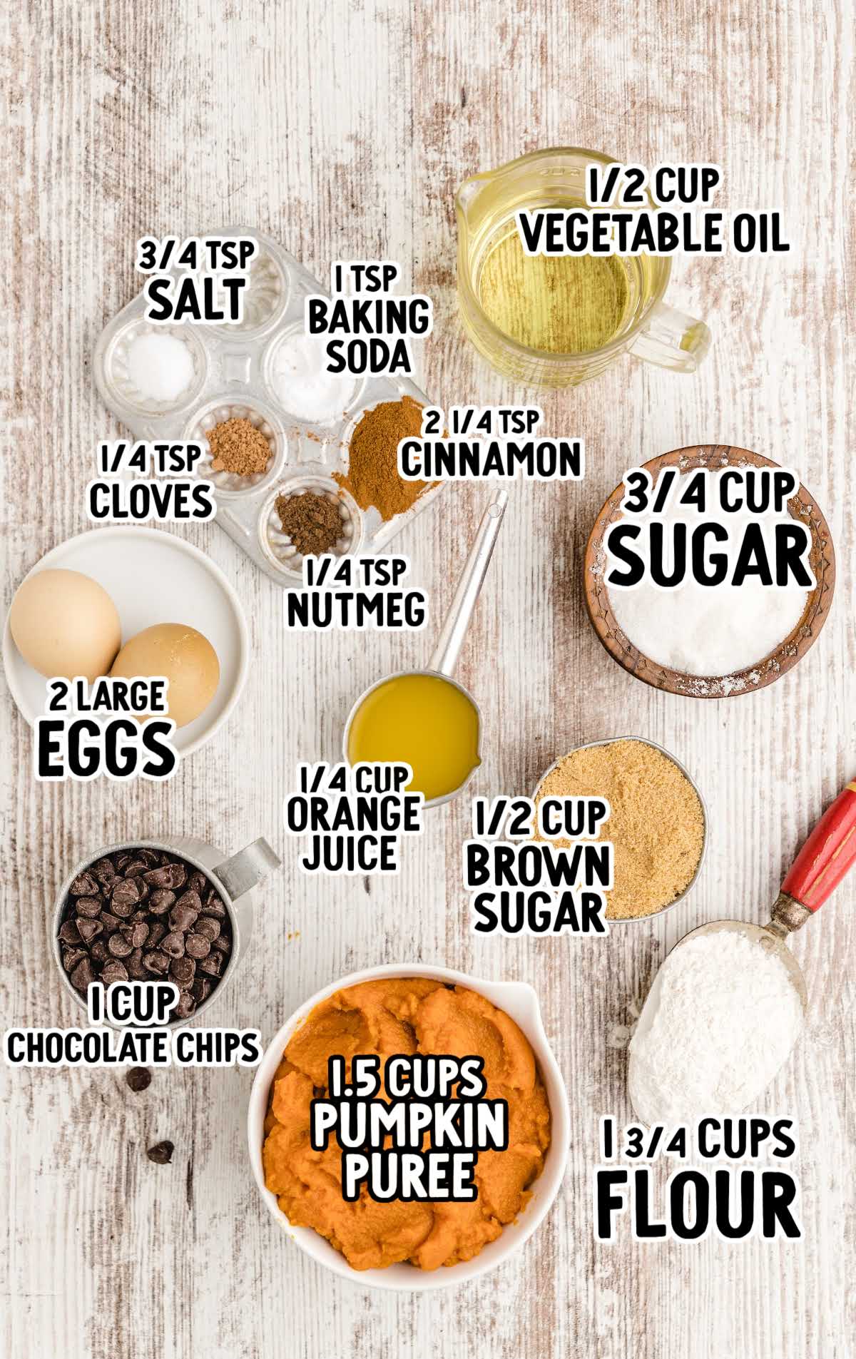 Measured ingredients for pumpkin chocolate chip bread, including flour, pumpkin puree, eggs, spices, sugar, and chocolate chips.