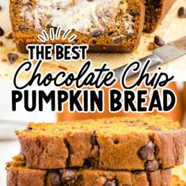 close up shot of chocolate chip pumpkin bread cut into slices and stacked on top of each other and sliced Chocolate Chip Pumpkin Bread