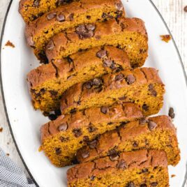 overhead shot of Chocolate Chip Pumpkin Bread on a plate