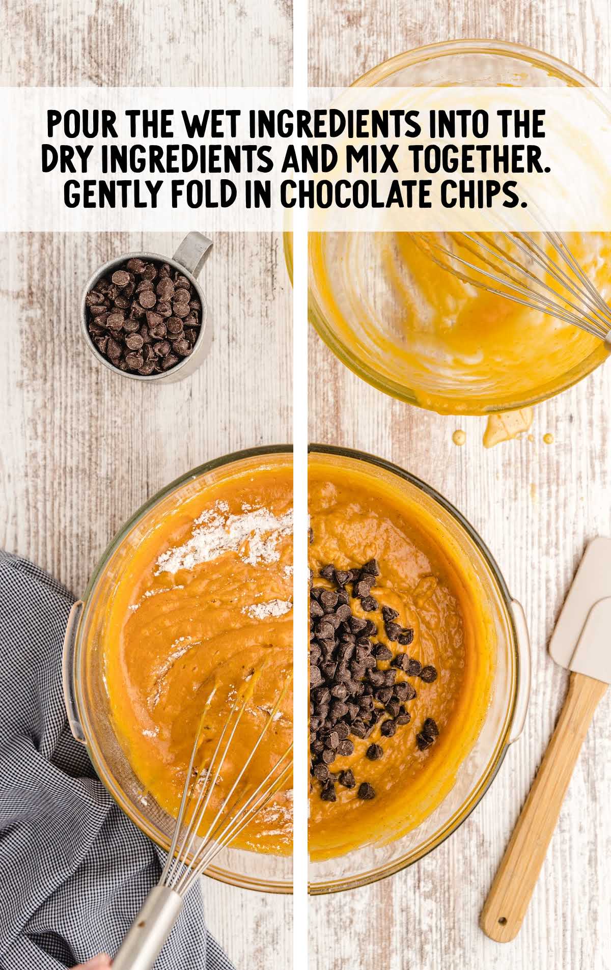 chocolate chip pumpkin bread steps of ingredients being mixed together in a clear mixing bowl
