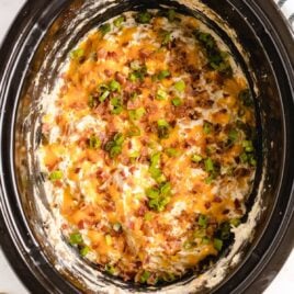close up overhead shot of Crockpot Crack Chicken topped with green onion in a crockpot