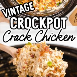 overhead shot of Crockpot Crack Chicken topped with green onion in a crockpot