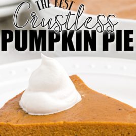 slice of crustless pumpkin with a dollop of cream on a white plate with text overlay