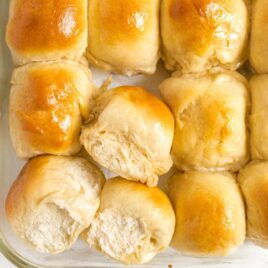 close up overhead shot of Dinner Rolls in a baking dish