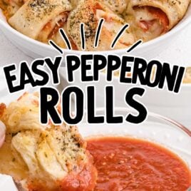 close up shot of a baking dish full of Easy Pepperoni Rolls and close up shot of Easy Pepperoni Rolls being dipped into a bowl of marinara sauce