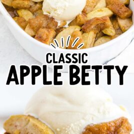 a close up shot of a spoon with a piece of Apple Betty and close up shot of grandma's apple betty in a white casserole pan with a 3 scoops of ice cream on the top