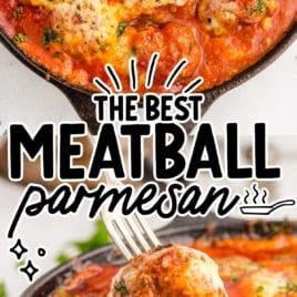 Cast iron skillet of cheesy baked meatballs with text overlay saying 'Vintage Recipe! The Best Meatball Parmesan – New Recipes Launching Daily.'