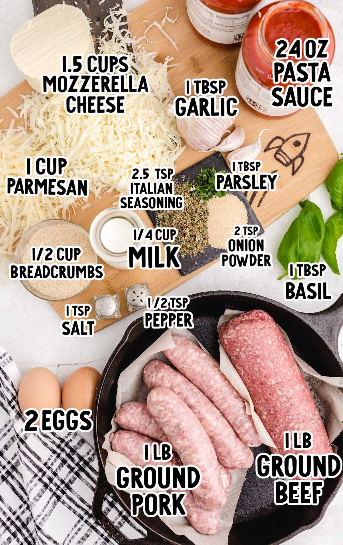 Flat lay of labeled meatball parmesan ingredients including ground beef, pork, cheese, breadcrumbs, herbs, and sauce.