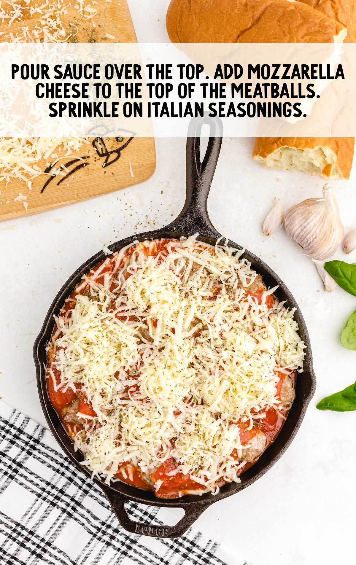 Meatballs in skillet covered with sauce and shredded mozzarella cheese, with overlay text: 'Pour sauce over the top. Add mozzarella cheese to the top of the meatballs. Sprinkle on Italian seasonings.'