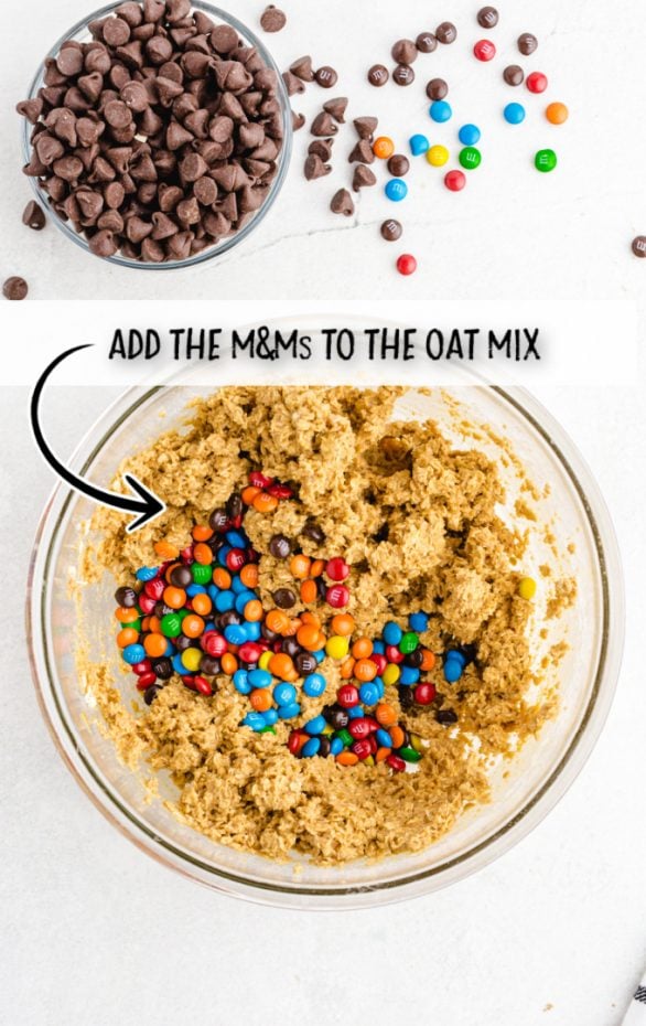 no bake monster cookies process steps of m&ms being added to oat mix in a clear bowl