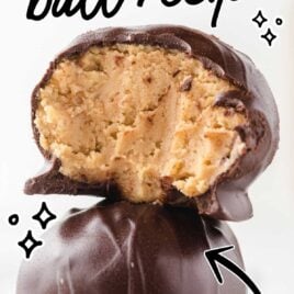 close up shot of chocolate dipped Peanut Butter Balls stacked on top of each other
