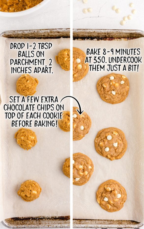 side by side photos of raw PUMPKIN SPICE jello COOKIES being placed on a baking sheet with parchment paper underneath