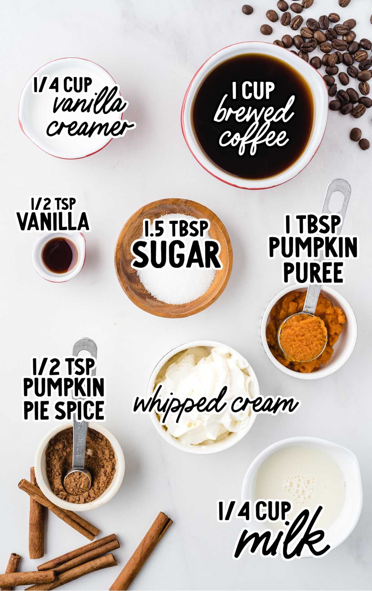 homemade pumpkin spice latte raw ingredients on white surface and labeled