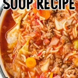 Close-up of cabbage roll soup in pot with text overlay reading 'Easy & Delicious Cabbage Roll Soup Recipe — Vintage Recipe'