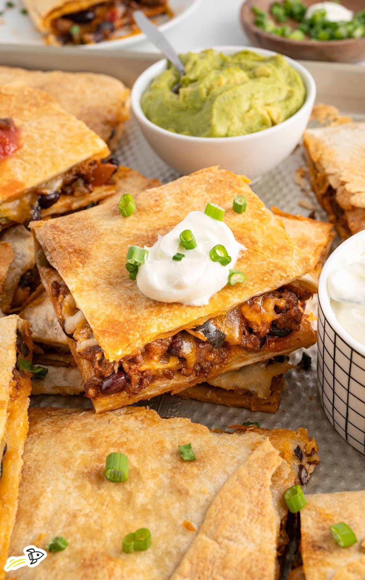 Some cut pieces of Sheet Pan Quesadillas.