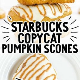 close up shot of Starbucks Copycat Pumpkin Scones stacked on top each other on a white plate