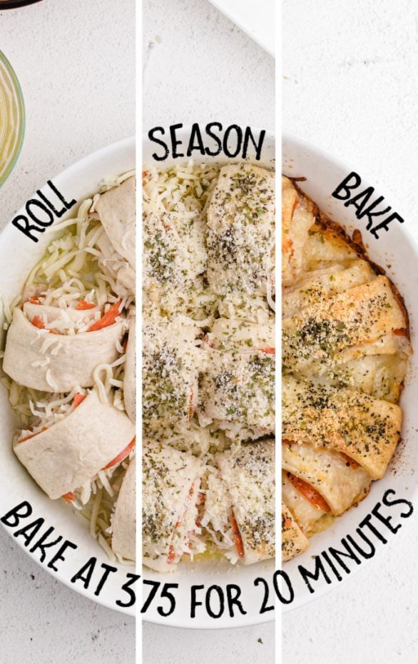 three different images of pepperoni rolls being made pushed together to create one image