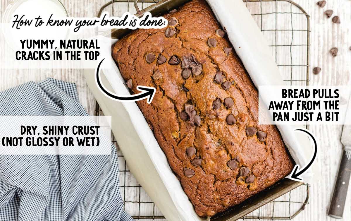 Baked pumpkin chocolate chip bread in a loaf pan with baking tips labeled.