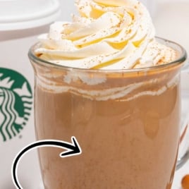 Close-up of pumpkin spice latte in a glass mug with whipped cream and bold text that reads “Skip the Coffee Shop Wait!”