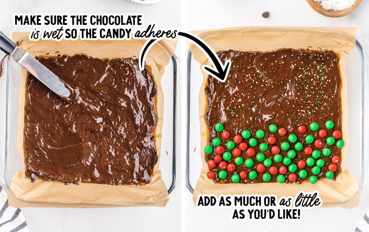 Spreading melted chocolate over homemade Ritz cracker toffee in a parchment-lined pan, then topping it with red and green M&M’s and Christmas sprinkles for a festive holiday version.