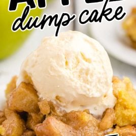 close up shot of a serving of apple dump cake topped with vanilla ice cream on a plate