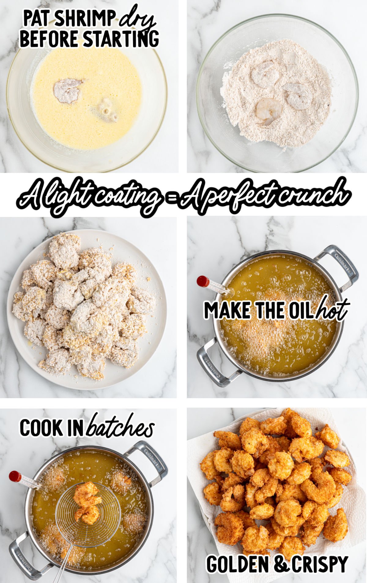 Step-by-step process showing shrimp being dried, lightly coated, fried in hot oil, and drained until golden and crispy.