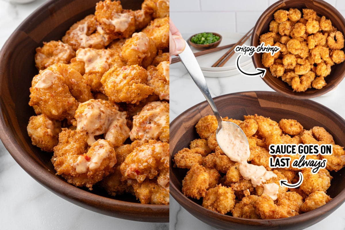 Crispy fried shrimp being tossed with bang bang sauce after cooking to keep the coating crunchy.