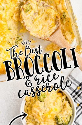 broccoli and rice casserole in a white baking pan being scooped in a white bowl by a wooden spoon