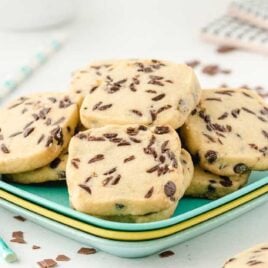close up shot of Chocolate Chip Shortbread Cookies on a plate