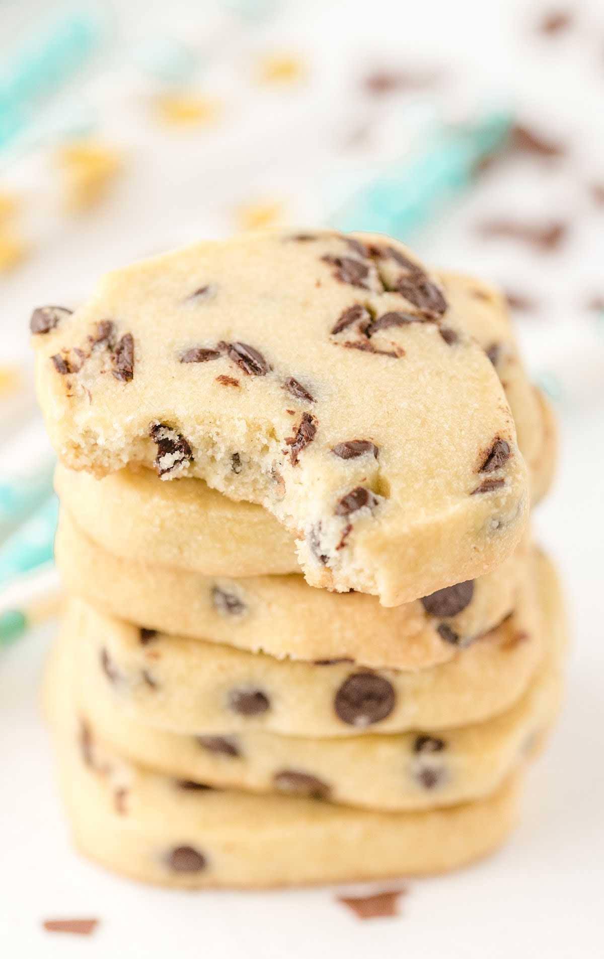 Chocolate Chip Shortbread Cookies stacked on top of each other