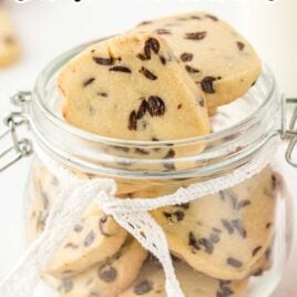a close up shot of Chocolate Chip Shortbread Cookies in a jar