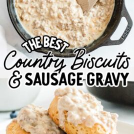 close up overhead shot of a skillet full of sausage gravy and close up shot of a plate of biscuits topped with sausage gravy