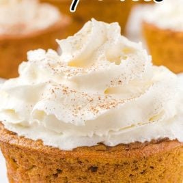close up shot of impossible pumpkin pie cupcakes topped with whip cream and cinnamon on a white plate