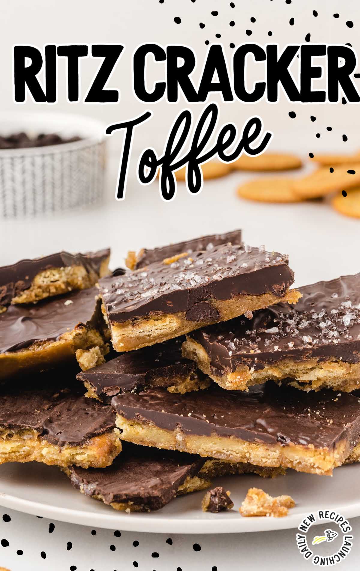 close up shot of Ritz Cracker Toffee piled on a plate