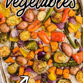 close up overhead shot of a sheet pan of Roasted Vegetables