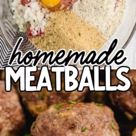 Split image showing raw meatball mixture in a bowl and close-up of cooked meatballs, labeled “Bursting with Flavors” and “Homemade Meatballs.”