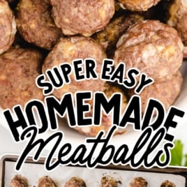 Top-down view of baked homemade meatballs on a baking sheet and in a bowl, with text overlay reading “Super Easy Homemade Meatballs.”