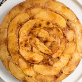overhead shot of Upside Down Apple Cake on a plate