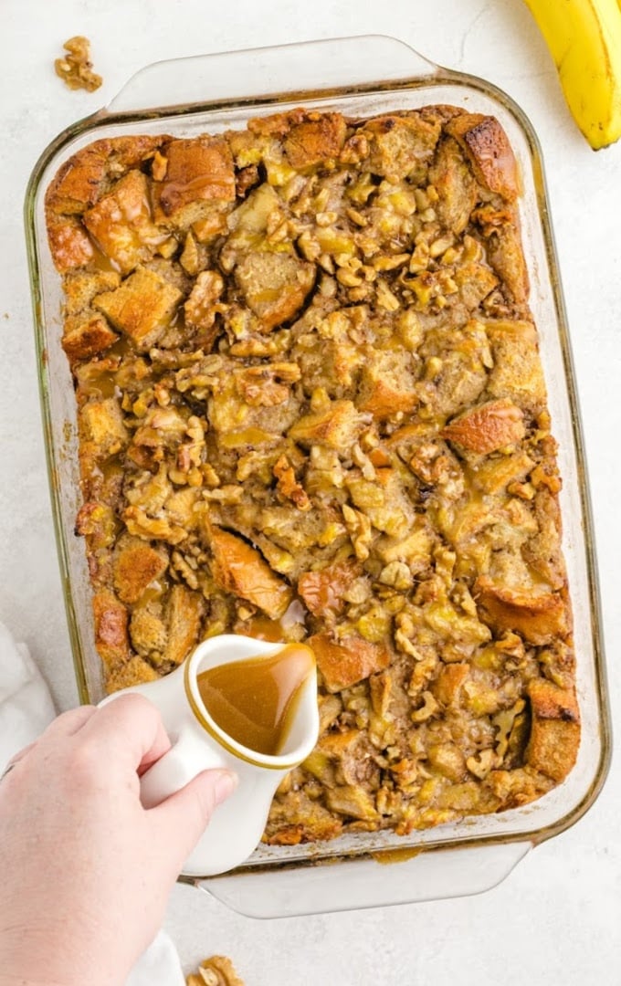 overhead shot of banana bread pudding in a baking pan