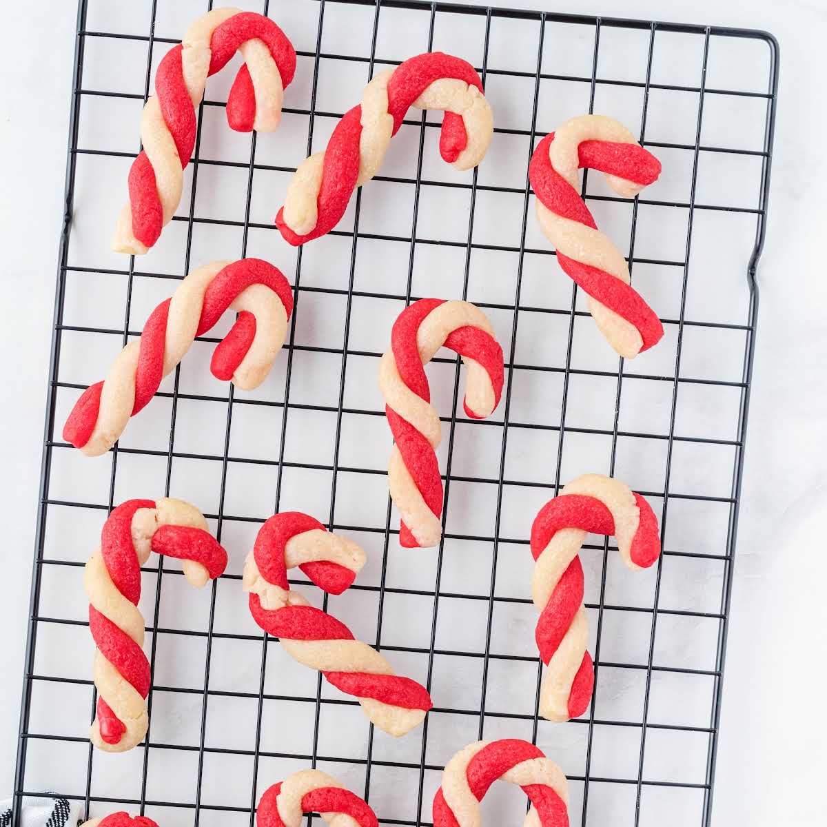 close up overhead shot of Candy Cane Cookies on a cooling rack