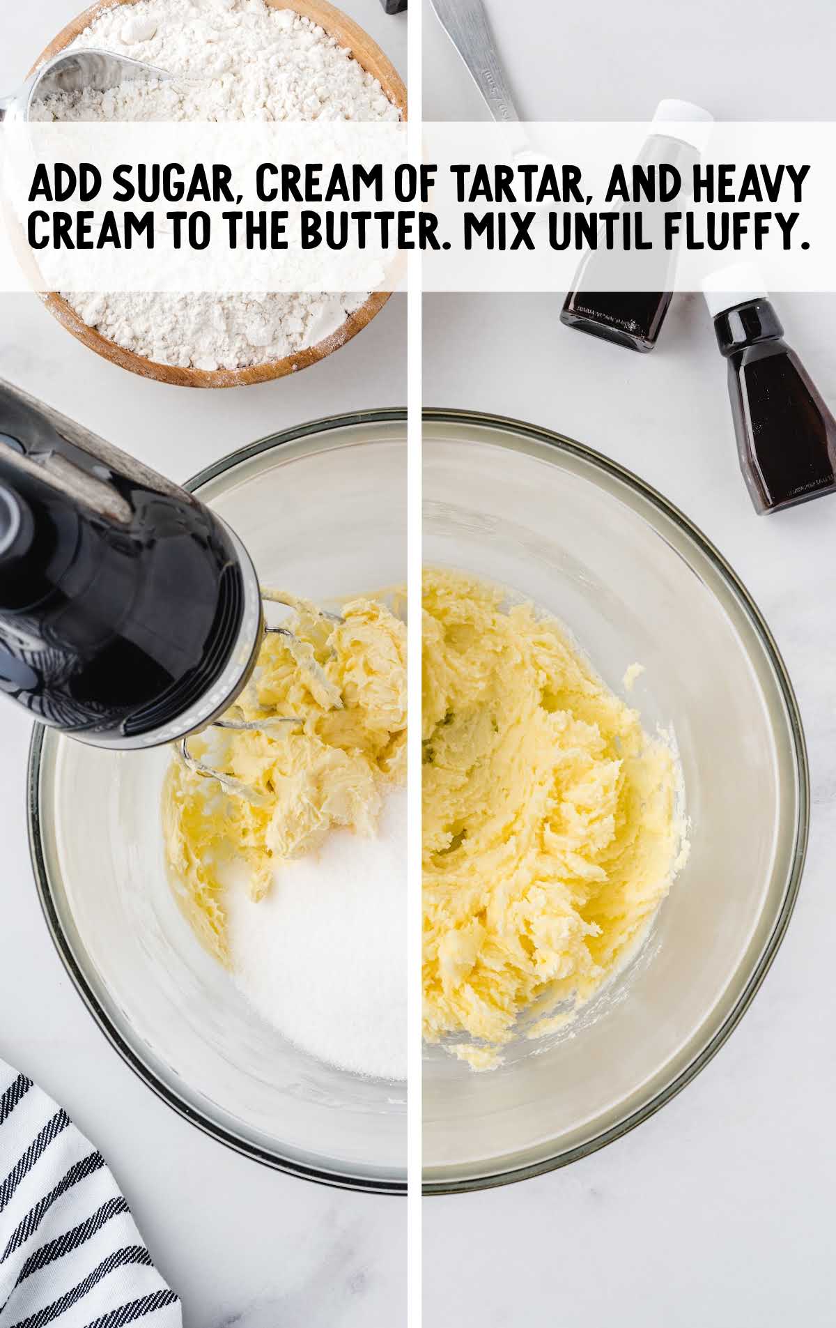 sugar and cream of tartar added to the butter in a bowl and blended together