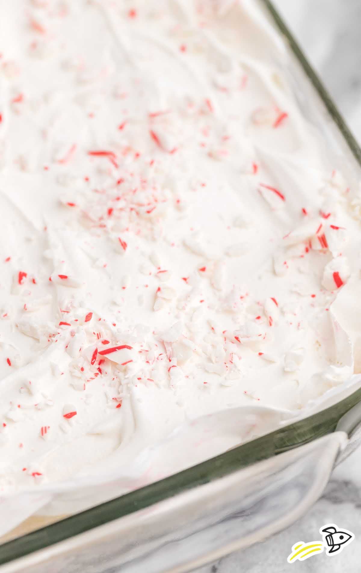 close up shot of candy cane dessert in a clear baking pan